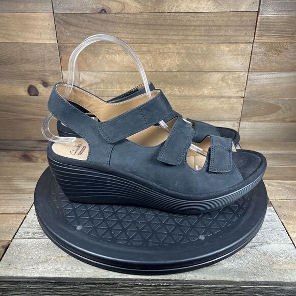 Clarks Collection Womens Size 9M Platform Wedge Sandals Black Strappy Slingback - Picture 1 of 10